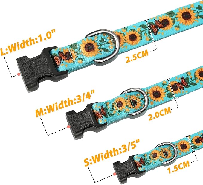HEELE Dog Collar, Adjustable Soft Dog Collar for Small Medium Large Dogs,Sunflower Floral Patterned Puppy Collars with Quick Release Buckle Sunflower Green S Length 9.84''-14.96'