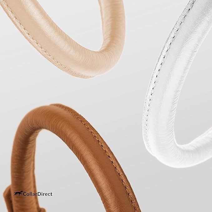 CollarDirect Rolled Leather Dog Collar, Soft Padded Round Puppy Collar, Handmade Genuine Leather Collar Dog Small Large Cat Collars 13 Colors (18-22 Inch, Beige Textured)
