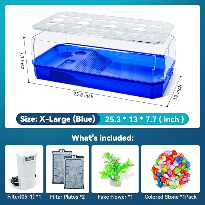 Aquatic Turtle Tank Habitat Kit Stone+Filter+Heat Lamp Enhancing Interaction with 360° Viewing, Standalone Filtration, DIY Creative Zone, Enriched Living (Blue, XL[Without Light])