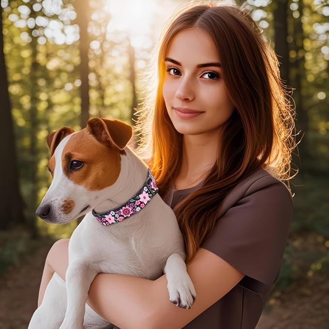 HEELE Dog Collar, Adjustable Soft Dog Collar for Small Medium Large Dogs,Floral Patterned Puppy Collars with Quick Release Buckle Galsang Black M Length 13.39''-20.87''