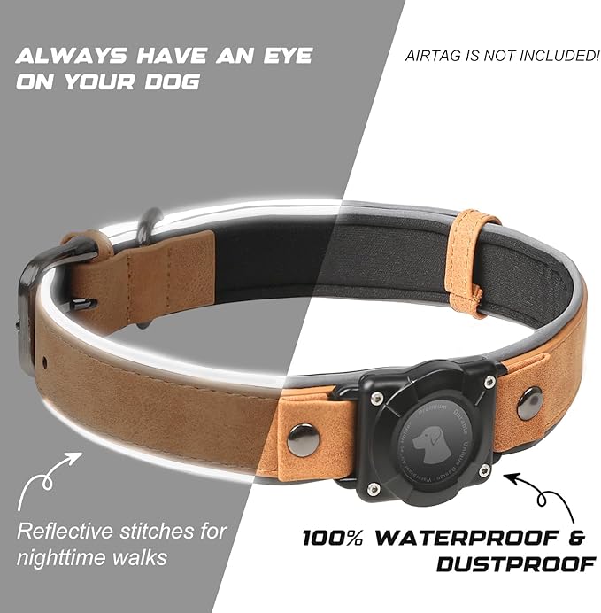 AirTag Dog Collar - Leather Dog Collar with Air Tag Holder | IPX8 Waterproof, Reflective, High - End, Adjustable Soft Padded | Dog GPS Tracker Collars Fit for Medium Large Dogs (Light Brown, M)