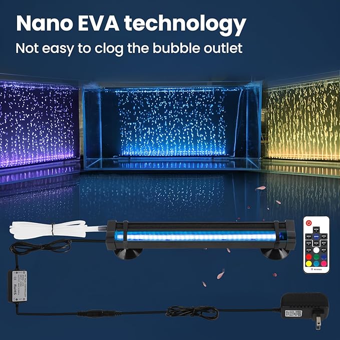 Submersible Bubble Aquarium Light：RGB Aquarium Light with Remote Control Oxygenator for Saltwater Coral Growth - 9 Inch Waterproof Fish Tank Light Designed for Aquarium Breeders
