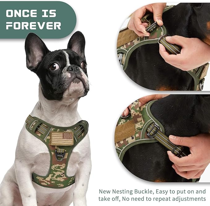 BUMBIN Tactical Dog Harness for Small Dogs No Pull, Famous TIK Tok No Pull Puppy Harness, Fit Smart Reflective Pet Walking Harness for Training, Adjustable Dog Vest Harness with Handle Forest Camo XS