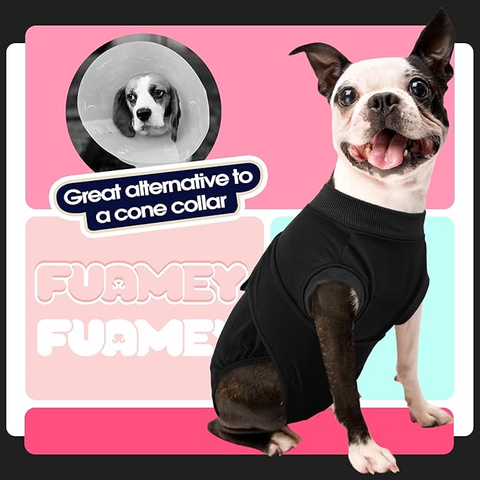 FUAMEY Dog Recovery Suit Male,Dogs Surgery Neuter Suits Puppy Spay Shirts for Female Protect Dog's Skin Anti Licking Abdominal Wounds Doggie Onesie Pet Bodysuit Alternative to Cone Black S