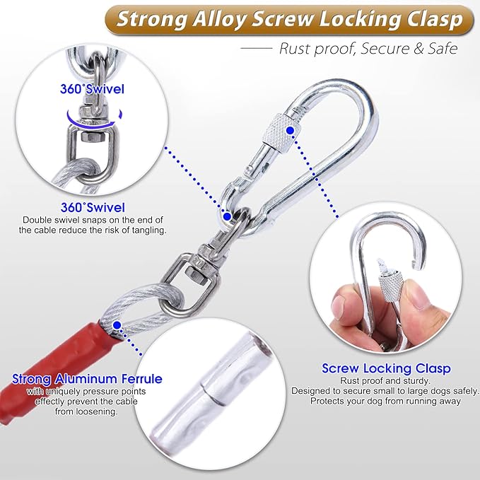 Dog Tie Out Cable for Dogs Outside Up to 250lbs,10/20/30/50/100FT Long Dog Leash&Chains,Small-Large Dogs Runner Cable for Yard,Heavy Duty Lead Line for Outdoor,Camping,Yard (250lbs 100FT, Silver)