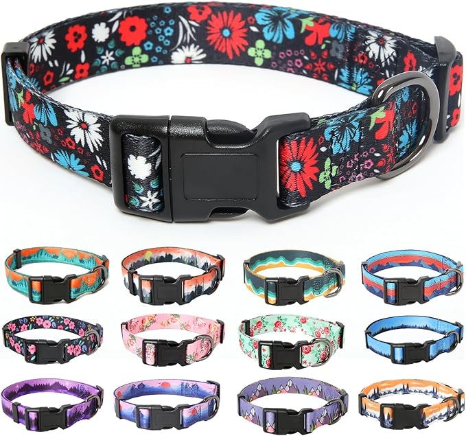 HEELE Dog Collar, Adjustable Soft Dog Collar for Small Medium Large Dogs,Floral Patterned Puppy Collars with Quick Release Buckle M Length 13.39''-20.87''
