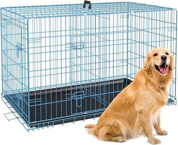 BestPet | Dog Crate | 42" | Blue | Foldable Metal Kennel with Double Doors, Secure Slide-Bolt Latches, Leakproof Tray | Portable Dog Cage for Large Breeds | for Travel, Indoor & Outdoor Use