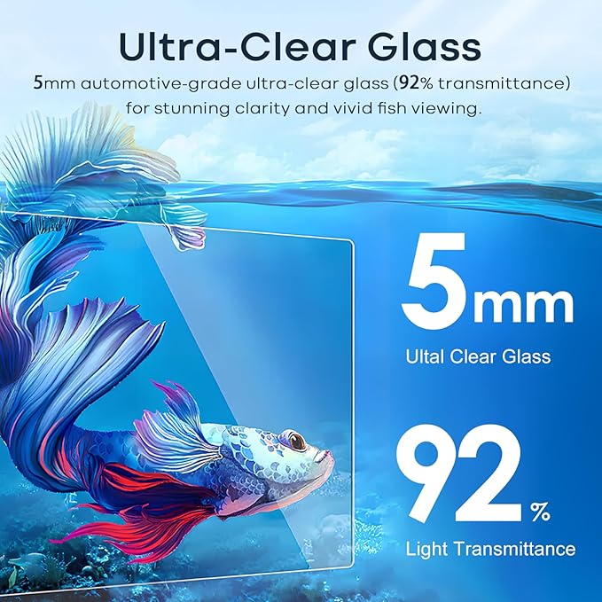 10 Gallon Glass Fish Tank, Aquarium Fish Bowl Cube for Betta Goldfish Snails Shrimp Aquatic Planting, Easy to Maintain Ultra Clear Rimless Dark Background Low Iron