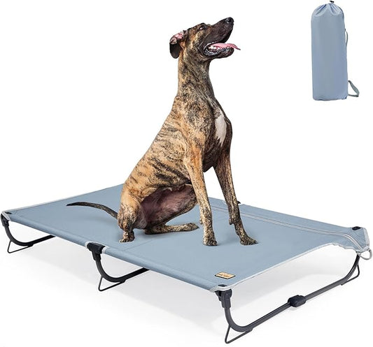 Daisy Cot, XL Foldable Elevated Dog Bed, Portable Raised Outdoor Folding Dog Cots, Cooling, Chew Proof, Waterproof, Heavy Duty Up to 160 lbs for Camping/Home, Grey, 49"x 33"x7"