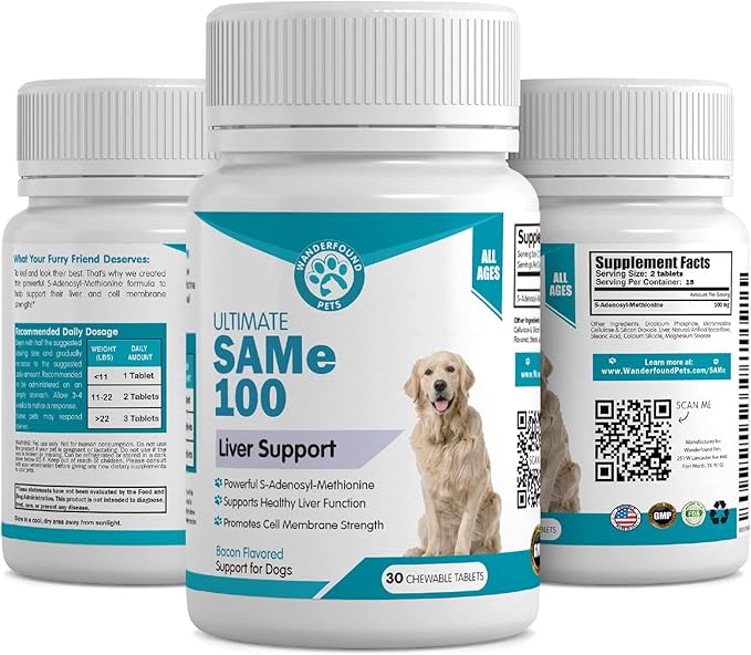 Wanderfound Pets Same 100 Liver Support for Dogs - Same S-Adenosyl-L-Methionine Hepatic Supplement for Liver & Brain Support - Bacon Flavored Sam E, Manufactured in The USA - 30 Chewable Tablets