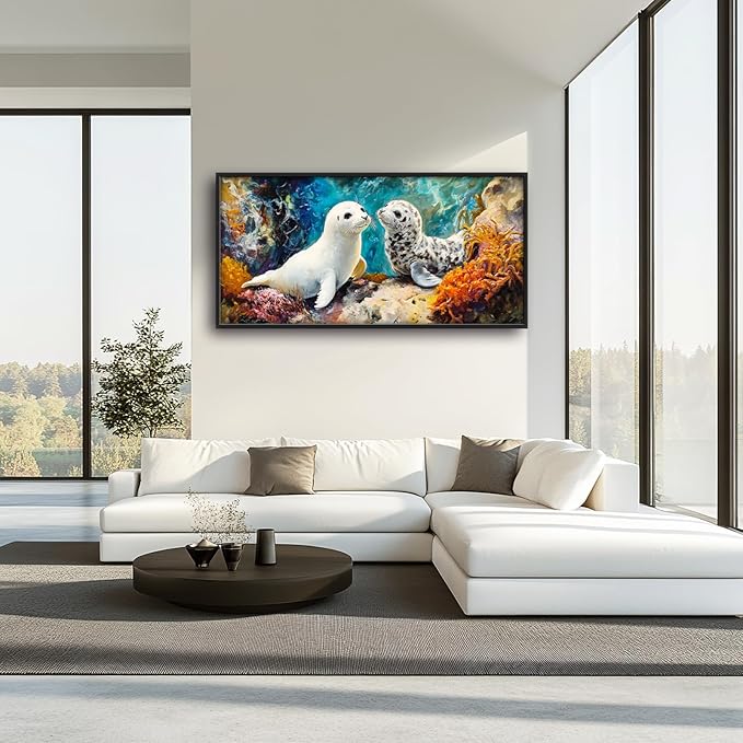 Extra Large Seal Framed Wall Art for Living Room,Oversized Underwater Animal Pictures Wall Decor,Ocean Coral Reef Canvas Print Painting Modern Artwork Bedroom Office Bathroom 60L" x 30W"