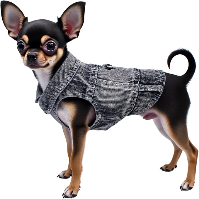 Puppy Clothes for Small Dogs Boy,Classic Western Denim Dog Coat,Dog Jeans Jacket with Leash D-Ring,Pet Cat Costumes,Cooling Harness Vest for Walking (Black, Large)