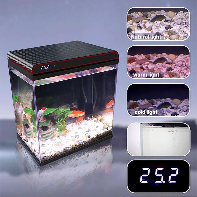 5 Gallon Glass Fish Tank Aquarium Starter Kit - Self-Cleaning, Ultra-Quiet Filter Pump, 3-Color LED Lights, Smart Temp Monitoring for Betta Fish, Shrimp, Kids Gift