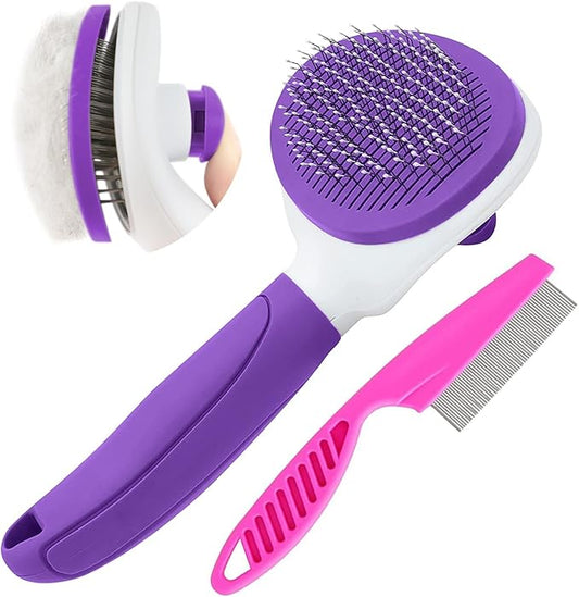 Cat Brush for Shedding, Cat Hair Brush with Release Button for Indoor Cats Dogs Self Cleaning Grooming(Purple)