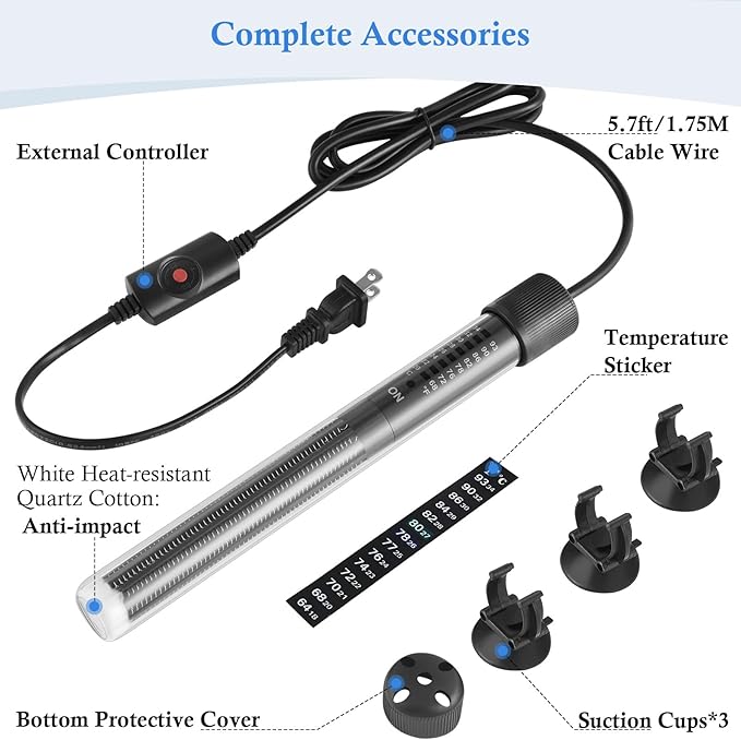 HITOP Thickened Glass Aquarium Heater: 50W 100W 300W Upgraded Fish Tank Heater with Controller, Fish Tank Thermostat Heater for Seawater/Fresh Water 5-65Gal