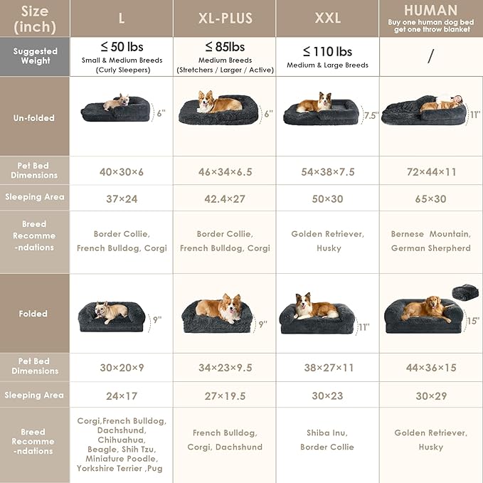 EHEYCIGA Human Dog Bed for Kids, Foldable XXL Dog Bed, Faux Fur Fluffy Pet Couch Bed, Orthopedic Calming Memory Foam Big Pet Bed, Washable Pet Sofa Bed with Non-Slip Bottom, Dark Grey, 54"x38"x7.5"