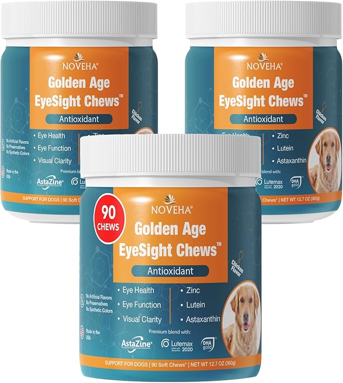 NOVEHA Eye Supplement for Dogs - Vision Support with Lutein + Vitamin C & Astaxanthin Antioxidants - Dog Vitamins for Eyes + Fish Oil for Omega 3 EPA - Made in USA - 90 Soft Chews (3 Pack)