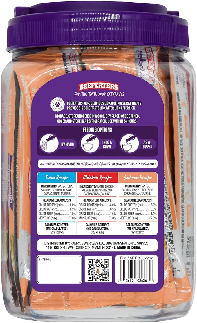 Beefeaters Cat Treats Variety Pack Lickable Puree 48ct – Salmon, Tuna & Chicken, Grain-Free, Taurine-Enriched, Ideal for Training & Interactive Feeding