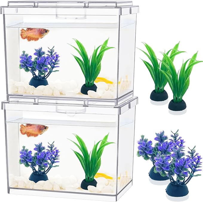 Mini Betta Fish Tank, Small Fish Bowl for Temporary Space, 0.2 Gallon Stackable Cube Tank with Artificial Plants and Gravels for Small Fish, Insect, Shrimp, Crab, Spider. (Pack-2)