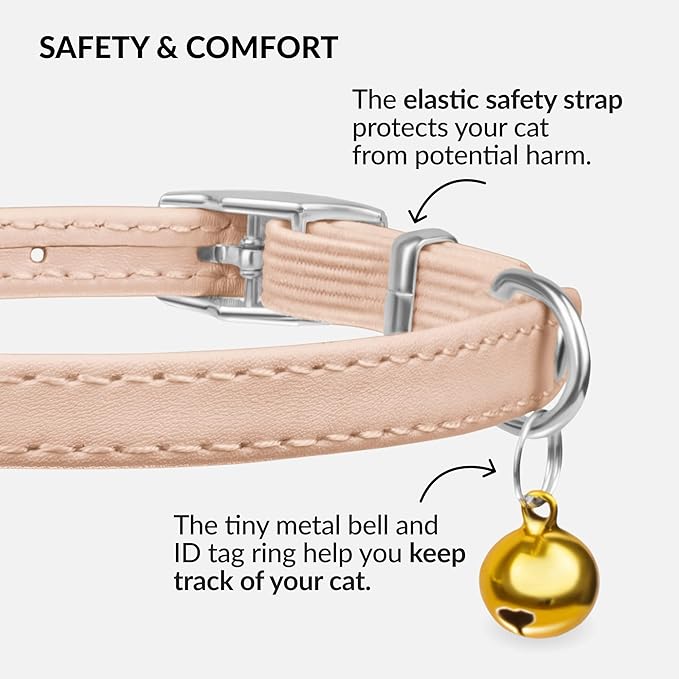 CollarDirect Leather Cat Collar with Bell - Kitten Small and Big Cat Collar for Boy Cats, Girl Cats with Safety Elastic Strap (Neck Fit 6"-7", Beige)