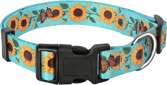 HEELE Dog Collar, Adjustable Soft Dog Collar for Small Medium Large Dogs,Sunflower Floral Patterned Puppy Collars with Quick Release Buckle Sunflower Green L Length 15.94''-25.59'