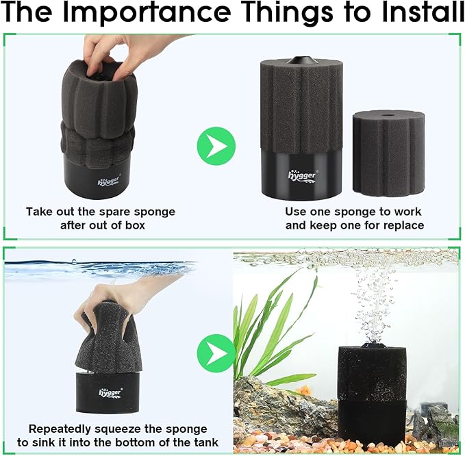 hygger Aquarium Sponge Filter 20-55 Gallon Fish Tank Filter for Breeding Fry Shrimp Snails Betta Air-Powered Filter with Reusable Biochemical Ball Spare Sponge Foam Filter
