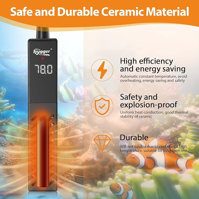 hygger Upgrade Ceramic Aquarium Heater, 100W Digital Fish Tank Heater with Automatic Power-Off and Over-Temperature Protection, Energy Saving Submersible Aquarium Heater for Freshwater and Saltwater