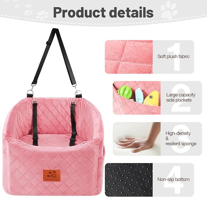 Dog Car Seat for Small Medium Dogs, Memory Foam Pet Booster Seat for Dogs up to 35 lbs, Elevated Dog Carseat, Travel Safety Bed with Washable Removable Cover and Storage Pockets (Pink)