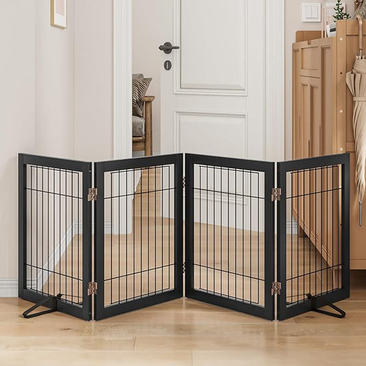 Dog Gate Wire Dog Gates for House Doorways Stairs 24-Inch Freestanding Pet Gate Puppy Fences Indoor (4 Panel, Black)