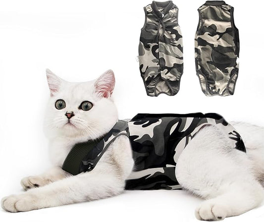 DOTON Cat Recovery Suit for Male and Female Surgical Post Surgery Soft Cone Onesie Shirt Clothes Neuter Licking Protective Diapers Outfit Cover Kitten Spay Collar(S, Camouflage)