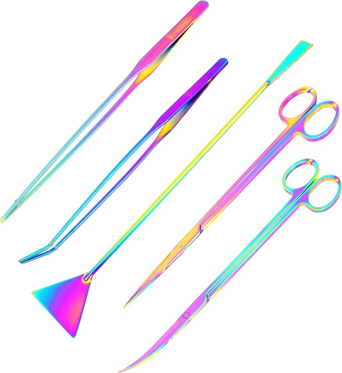 Mandala Crafts Rainbow Stainless Steel Aquascaping Tools Kit – Aquarium Plant Tools with Tweezers, Spatula, and Scissors for Fish Tanks, Hospital Tanks, Goldfish Bowls, Aquariums, and Terrariums