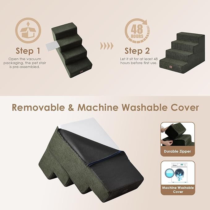 EHEYCIGA Dog Stairs for Bed 20" H, 4-Step Extra Wide Dog Steps for High Bed, Pet Steps for Small Dogs and Cats, Non-Slip Balanced Pet Ramp Indoor, Olive Green