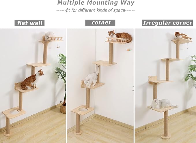 Cat Tree Wall Mounted with 4 Levels Shelves, 73" Wood Corner Tower Inside Kitten Scratching Post for Climbing,Perching and Lounging (Left to Right)