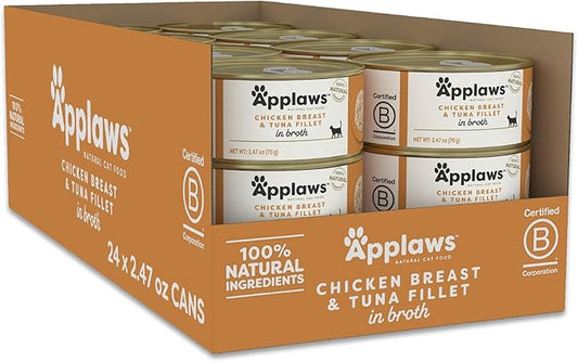 Applaws Natural Wet Cat Food in Broth, Limited Ingredient Canned Wet Cat Food, No Additives, Made with Natural Ingredients, Chicken Breast & Tuna Fillet in Broth (24 x 2.47oz Cans)