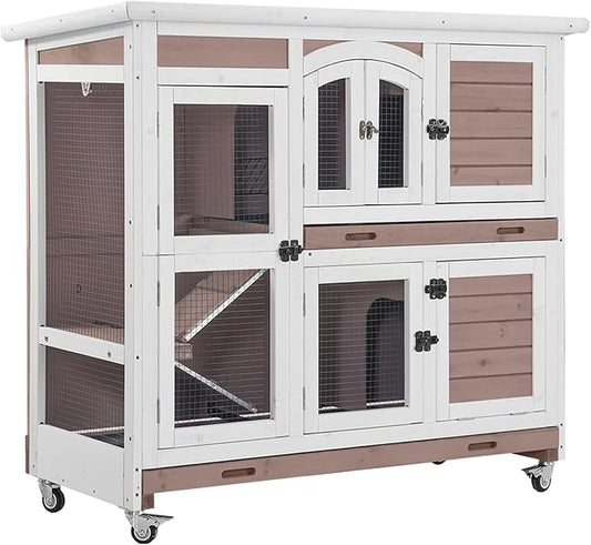 Aivituvin Rabbit Hutch Indoor, Bunny Cage with Wheels, 2-Story Design, 2 Deep Trays, Anti Slip Ramp, Ideal for Small Animals - Brown