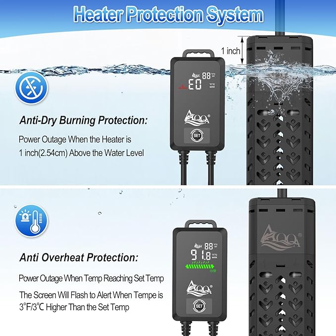 AQQA Fish Tank Heater 1200W for 170-290 Gallon Submersible Aquarium Heater Pond Heater Thermostat Heater with Intelligent Protection System for Freshwater and Saltwater (AQ136-1200W for 170-290Gal)