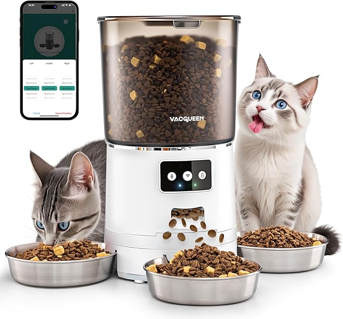 Automatic Cat Feeder for 3 Cats, 6L/25 Cups Smart WiFi Pet Feeder, Strong Anti-Jam System, Dual-Effect Desiccant Cat Food Dispenser, with 10S Voice Recorder for Cats and Small Dog(White)