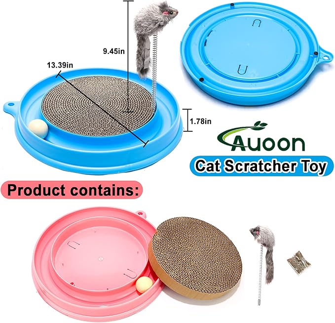 AUOON Cat Scratcher Toy - Cat Scratch Pad with Cat Toy Ball Track and Plush Mouse Toy for Indoor Cats and Kittens (Blue)