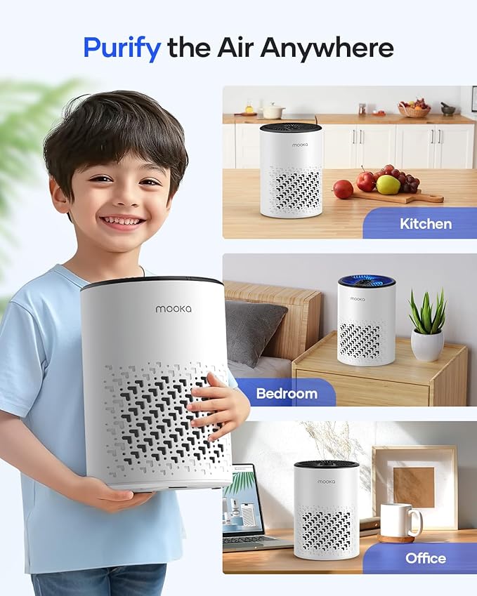 Air Purifiers for Bedroom Home, MOOKA HEPA Air Purifier for Home Pets with Fragrance Sponge for Smoke Dust Pollen Dander Odor, Small Air Cleaner with Sleep Mode Night Light Timer, KJ067L, White