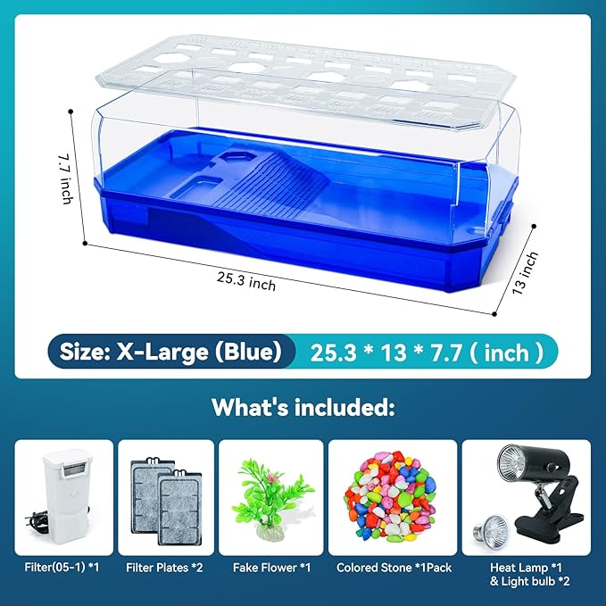 Aquatic Turtle Tank Habitat Kit Stone+Filter+Heat Lamp Enhancing Interaction with 360° Viewing, Standalone Filtration, DIY Creative Zone, Enriched Living (Blue, X-Large[with Light])