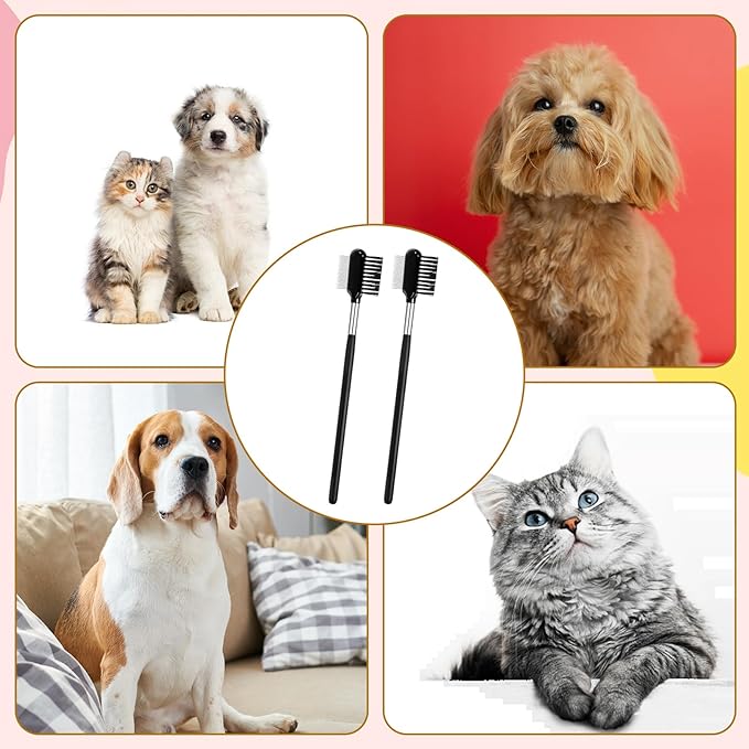 Metal Grooming Comb for Dogs, 2 PCS Double-Sided Dog Grooming Comb Soft Bristles Eye Cleaning Brush Facial Brush Tear Stain Removal Tool for Dogs Puppies Cats Removing Booger Flea Gunk Crust Mucus