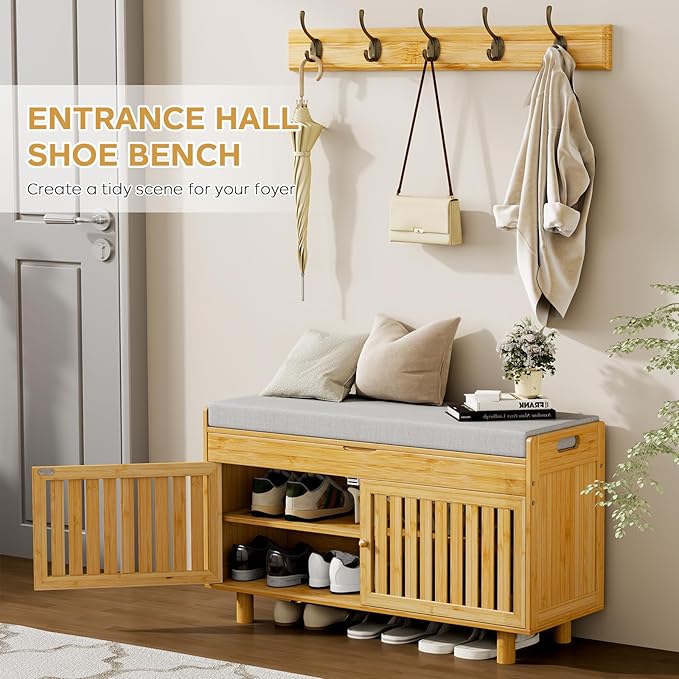 Coat Rack Shoe Bench Set, Bamboo Shoe Storage Bench with Seat Cushion & 5 Hooks, Hall Tree Entryway Bench with Lift Top Hidden Storage, 35.4" W x 12.6" D x 19.7" H, for Entryway, Living Room, Bedroom