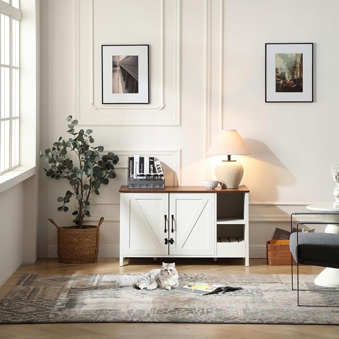 41.3'' Cat Litter Enclosure,Adjustable Shelf for Dog Proof and Storage,Locks Added for Cat, Litter Collector,Small Indoor Cat House,Antique White