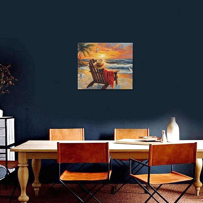 Beach Coastal Bathroom Pictures Wall Art, Seaside Ocean Bathroom Wall Decor, Sunrise Palm Framed Painting Canvas Artwork for Bedroom Living Room Decorations 24"L x 20"W