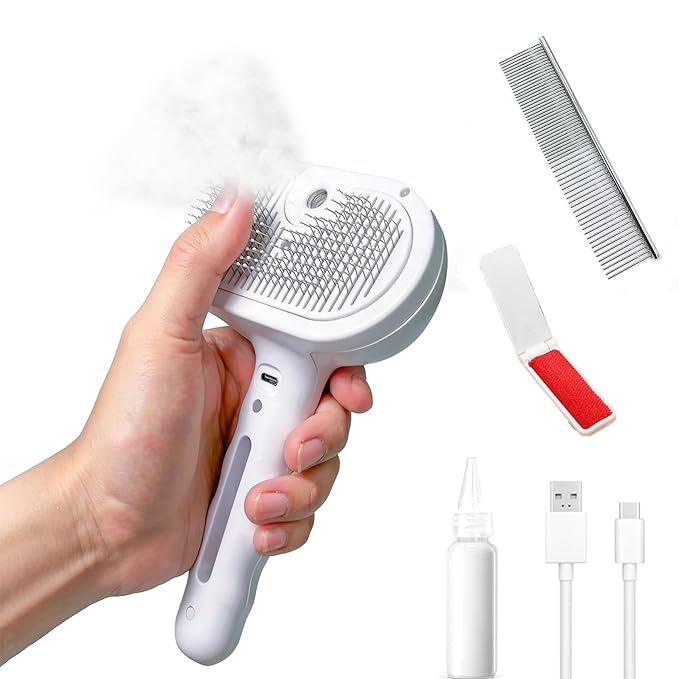 Cat/Dog deshedding brush with spray, Self-Cleaning Hair Comb for Long & Short Haired indoor Cats and Dogs (White)
