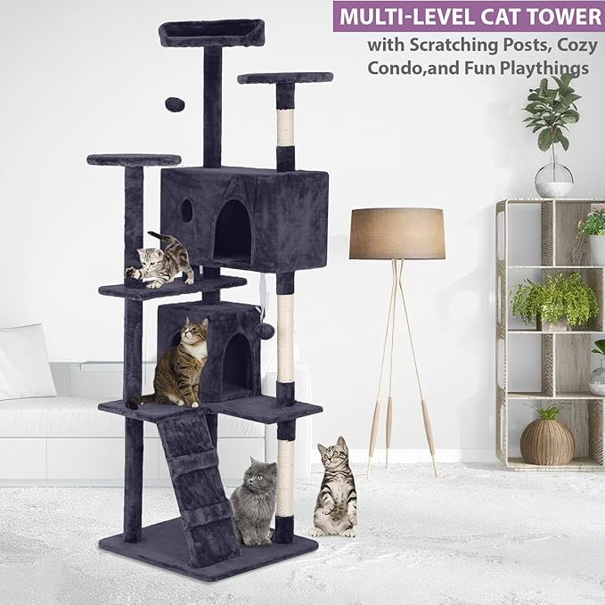 70 Inches Cat Tower for Indoor Cats, Multi-Level Cat Condos with Scratching Posts, Hanging Toys, Ashy