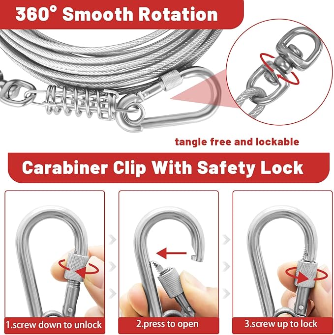 Dog Tie Out Cable - 10/15/20/25/30FT Heavy Duty for Large Dogs Up to 250LBS - Rosy Pink/Blue/Purple/Silver/Red/Green/Yellow