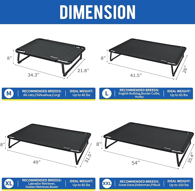 Cooling Elevated Dog Bed, Raised Outdoor Dog Bed Waterproof Pet Beds Cots Stable and Easy Assembly, Teslin Fabric with 1.2mm Thick Iron Frame, Breathable, Ultra-Sturdy，Black, 48 * 32 * 8.7