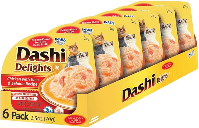 INABA Dashi Delights for Cats, 2.5 Ounce Cup, 6 Cups Total, Chicken with Tuna & Salmon Recipe