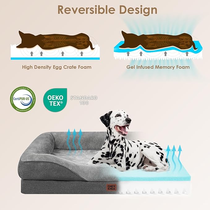 EHEYCIGA Memory Foam XXL Dog Bed for XLarge Sized, Extra Large Orthopedic Dog Sofa with Sides and Waterproof Liner, Washable Bolster Pet Couch with Removable Cover, 52x41x8 Inch, Grey